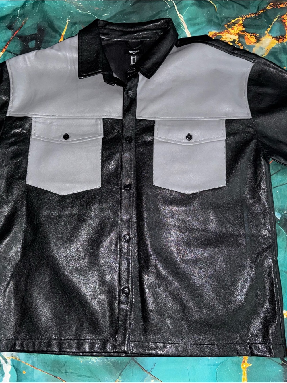 Forever 21 Men - Men's Black and Gray Faux Leather Western Shirt Jacket